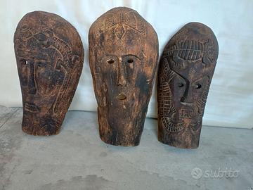 Set 3 Maschere Etniche in Legno Intagliato a Mano