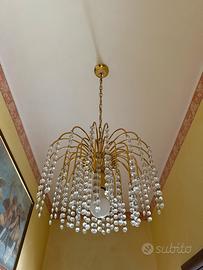 Lampadario Vintage a Cascata in Cristallo e Ottone