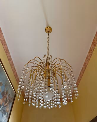 Lampadario Vintage a Cascata in Cristallo e Ottone