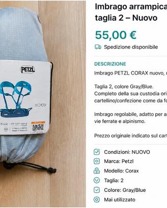 Imbrago arrampicata Petzl Corax taglia 2 – Nuovo
