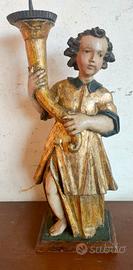 Scultura angelo antico laccato e dorato 700 XVIII