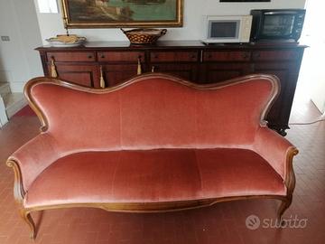 Divano vintage cornice in noce/ dralon salmone