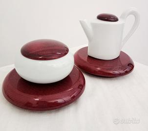 Set lattiera e zuccheriera in porcellana e legno