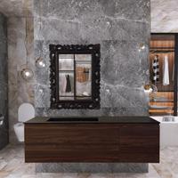 Bagno sospeso con vasca integrata sul piano HPL