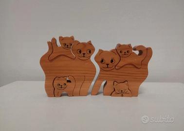 Set gatti in legno Bartolucci, famiglia di gatti 