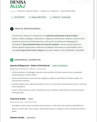  cameriera/commessa/pulizie/