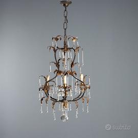 Lampadario a tre Luci in Ferro e Lamierino Dorato