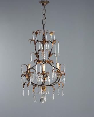 Lampadario a tre Luci in Ferro e Lamierino Dorato