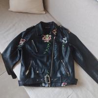Giacca Donna in pelle con inserti fioriti ricamati