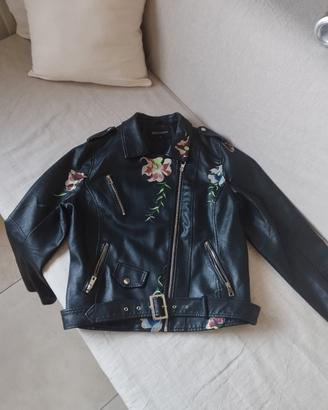 Giacca Donna in pelle con inserti fioriti ricamati
