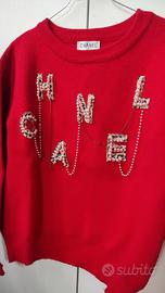 pullover rosso in lana vintage con decoraz perle