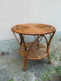 Tavolo tavolino rotondo vintage in paglia vimini