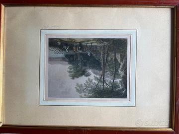 Litografia paesaggio acquerellata a mano