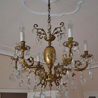 Lampadario in ottone a 6 luci con gocce in vetro,