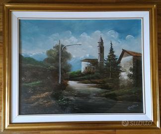 Quadro olio su tela "Chiesa di campagna"