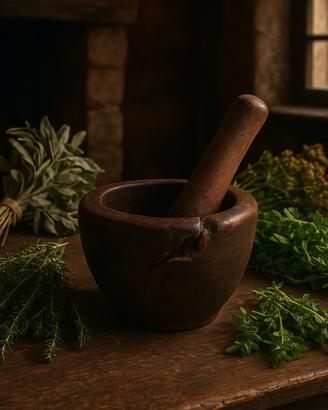 Antico mortaio e pestello fine ‘800 Alpi legno