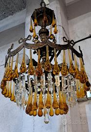 Lampadario antico gocce cristallo ottone 