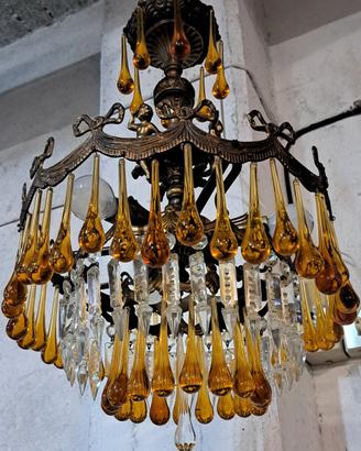 Lampadario antico gocce vetro, cristalli, ottone 
