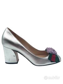 Gucci scarpe decolte mocassini pelle argento 36,5