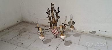 Lampadario Vintage Ottone/Ceramica Dipinto a Mano