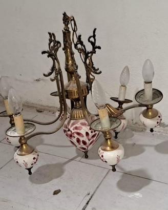 Lampadario Vintage Ottone/Ceramica Dipinto a Mano