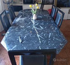 Tavolo marmo fossile nero. 6 sedie -luxury vintage