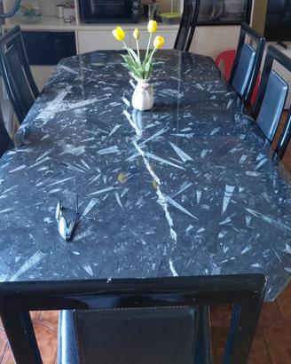 Tavolo marmo fossile nero. 6 sedie -luxury vintage