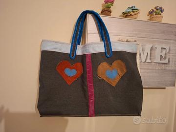 Borsa Shopper Artigianale Stoffa Patchwork Cuori