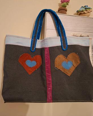 Borsa Shopper Artigianale Stoffa Patchwork Cuori