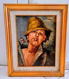 Quadro ragazzo con pipa dipinto a mano antico.