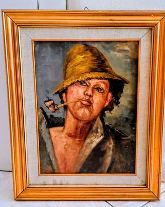 Quadro ragazzo con pipa dipinto a mano antico.