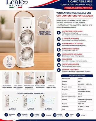 Ventilatore Ricaricabile USB con Serbatoio Acqua