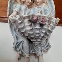 Antica ACQUASANTIERA  Coppia Angeli in Porcellana
