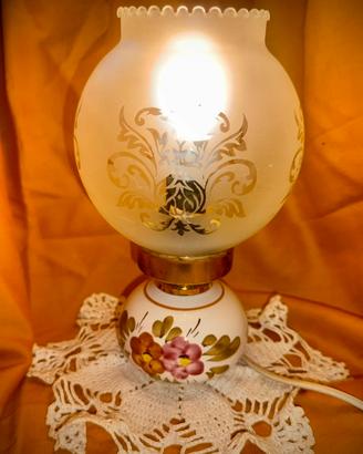Lampada da tavolo antica in vetro e ceramica dipin