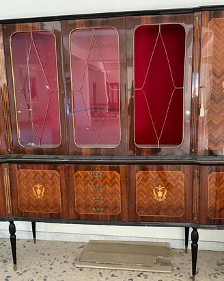 Credenza con alzata in radica di mogano intarsiat