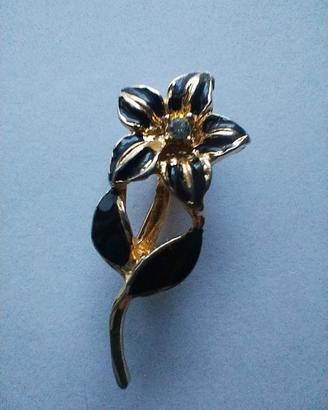 Spilla Vintage a Fiore Oro e Smalto Nero