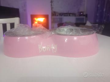 2 ciotole  per cani o gatti con porta ciotola rosa