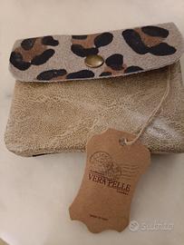 Portafoglio pelle Beige stampa leopardo e portamon
