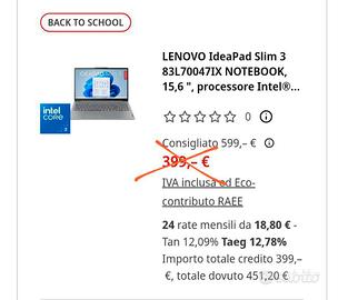 Lenovo IdeaPad Slim 3 15.6" Intel Core - NUOVO