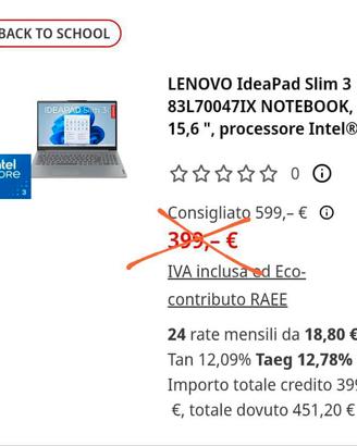 Lenovo IdeaPad Slim 3 15.6" Intel Core - NUOVO