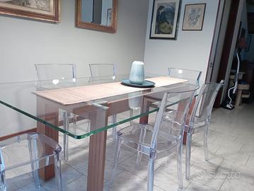 Tavolo di cristallo basamento Unopiù + 6 sedie