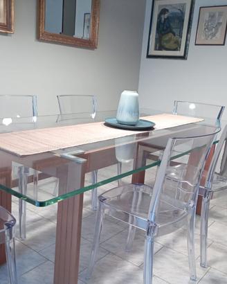 Tavolo di cristallo basamento Unopiù + 6 sedie
