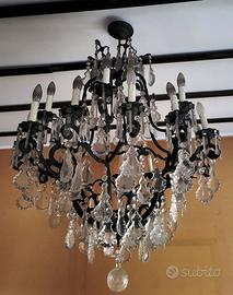 LAMPADARIO  IN CRISTALLO E FERRO BATTUTO