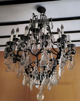 LAMPADARIO  IN CRISTALLO E FERRO BATTUTO