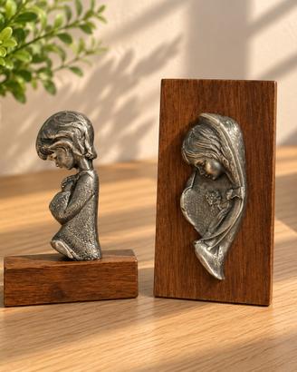 2 statuette vintage in peltro cesellato a mano