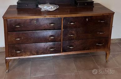 Comò anni '40 radica di noce, 6 cassetti, 160 cm