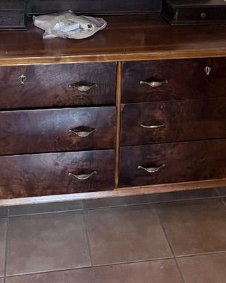 Comò anni '40 radica di noce, 6 cassetti, 160 cm