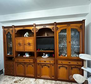 Parete soggiorno classica in legno, mobile vetrina