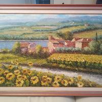 Quadro olio su tela paesaggio rurale  con girasoli
