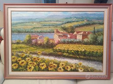 Quadro olio su tela paesaggio rurale  con girasoli